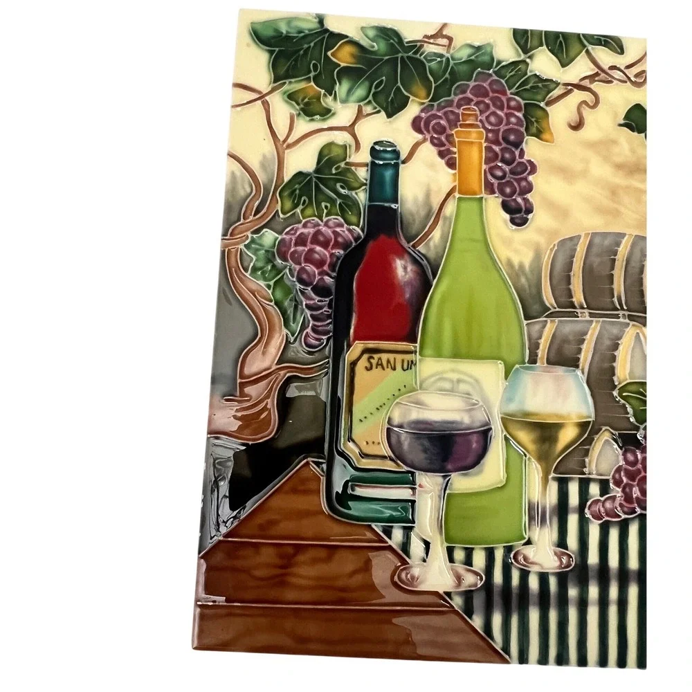 Hand Painted Ceramic Wine Vineyard Art Tile Decorative Wall Plaque 12x8 Raised